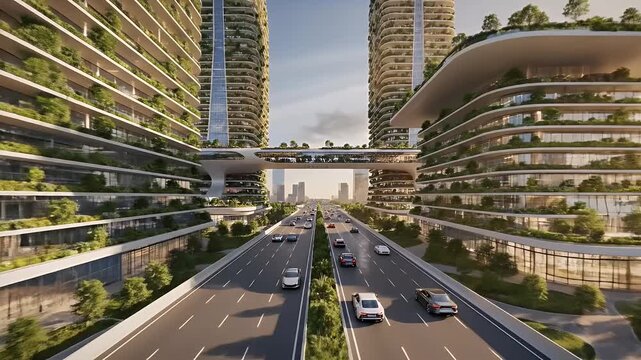 Futuristic Green Cityscape with Vertical Gardens and Skybridges Overlooking a Busy Highway at Golden Hour