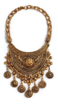 Golden necklace isolated on white, top view