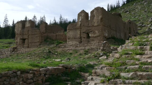 Stone ruins of an ancient Buddhist monastery on the mountainside.
   The monastery of Manjushri is 40 km from Ulan Bator.

