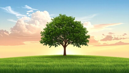 Fototapeta premium A verdant tree stands solitary on a grassy hill beneath a vibrant, sunlit sky