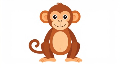 Obraz premium Cartoon monkey, brown fur, sitting upright, smiling, simple design, white background