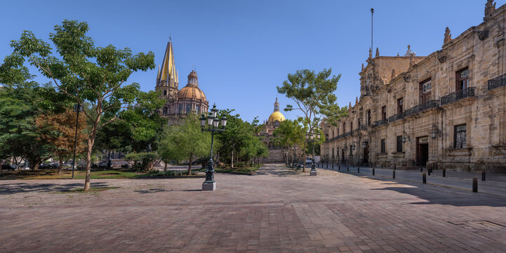 Panoramic view of Plaza de Armas Square with Guadalajara Cathedral and Jalisco Government Palace (Palacio de Gobierno) - Guadalajara, Jalisco, Mexico