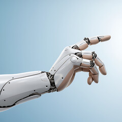 White robotic arm pointing on blue background technology isolated on a transparent background