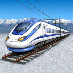 White and blue train on train tracks with mountains transportation isolated on a transparent background