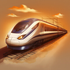 White and blue train on orange sunset background transportation isolated on a transparent background