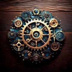 Steampunk Gears and Cogs on Wooden Background mechanical blue isolated on a transparent background