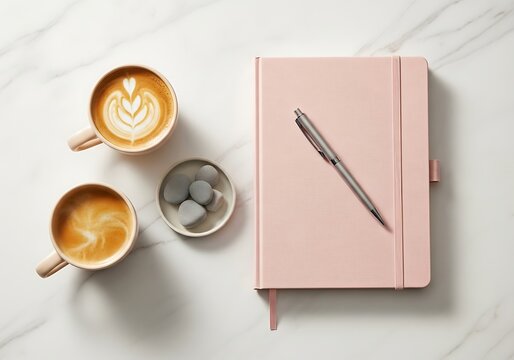 Pink notebook pen and two cups of coffee on marble table top view
