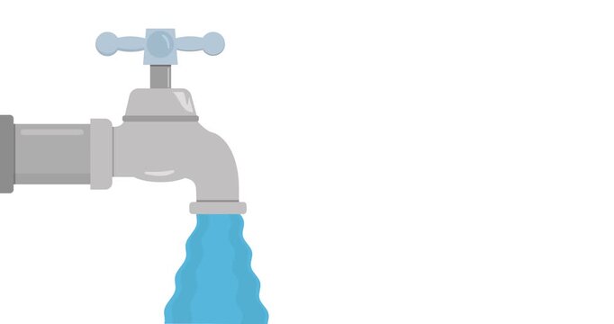Running Water Tap Animation &ndash; Flowing Faucet with Clean Blue Water Stream, Flat Vector Style