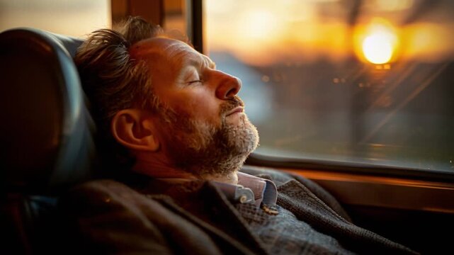 As the train journeys on, a bearded passenger sits in serene contemplation, bathed in warm sunset light streaming through the window, evoking a tranquil atmosphere during his travel