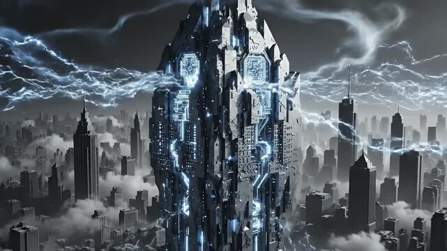 Futuristic Monolithic Structure Emanating Blue Energy Over a Misty Cityscape