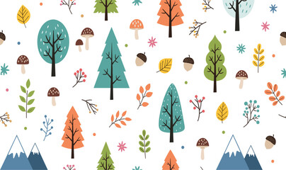 Cute Autumn Forest Seamless Pattern with Trees Leaves Mushrooms and Acorns Vector Illustration © Jannatun