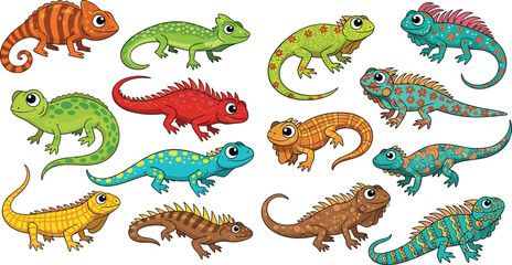Obraz premium Cute Cartoon Lizard and Iguana Collection with Colorful Reptile Characters Vector Illustration Set