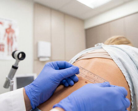 Dermatologist Measuring Mole on Patient Back During Skin Examination