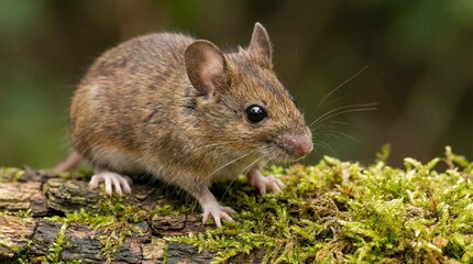 A small brown mouse stands on a mossy log in a forest glade viewed from the side