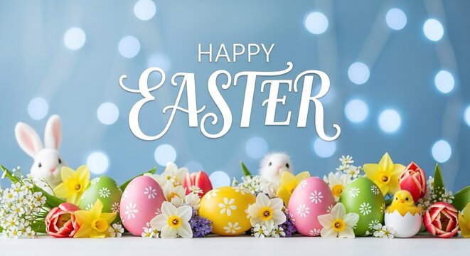 Easter celebration with colorful eggs and bunny with with decorative happy easter text
