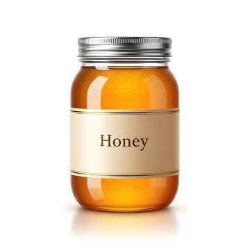 Jar of honey with the word honey on it and label that.