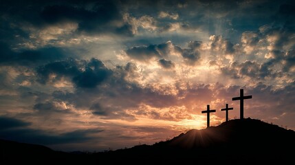 A serene landscape of three crosses on a hill at sunset with a cloudy sky