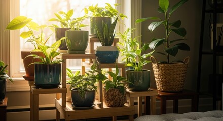 Fototapeta premium Collection of vibrant green house plants in decorative pots on a wooden stand by a bright window. Home interior gardening and decor.