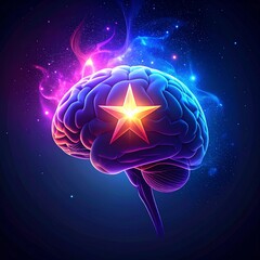 3D human brain with glowing star symbolizing creativity and intelligence in cosmic space