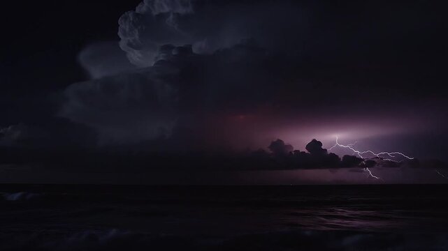 Dramatic lightning strike over ocean waves stormy weather concept