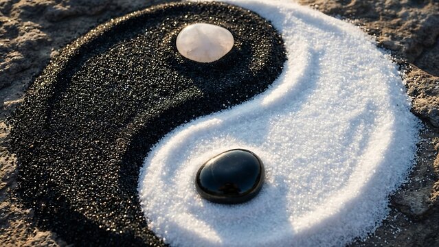 Zen Garden Balance A Tranquil Yin Yang Symbol Crafted with Black and White Sand and Smooth Stones on Textured Ground