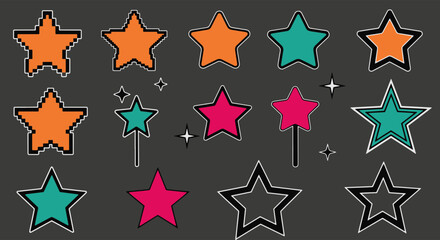 Diverse Collection of Colorful Star Shapes Pixel Art Smooth Outlined and Magic Wand Elements