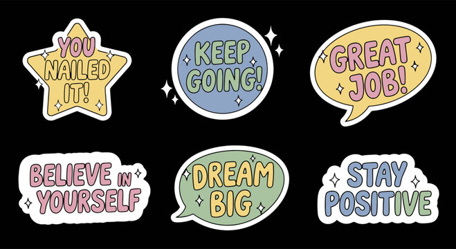 Collection of Six Cheerful Motivational Phrases in a Fun Cartoon Style Perfect for Encouragement