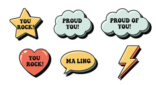 Retro Style Affirmation Badges Set with Stars Hearts Clouds and Speech Bubbles for Encouragement