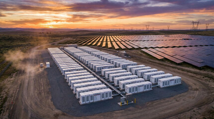 Fototapeta premium Aerial view of a utility-scale battery energy storage system (BESS) alongside a massive solar farm at sunset.