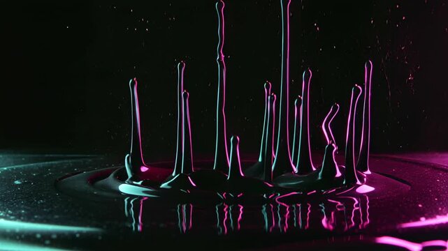 Abstract morphing glowing neon ferrofluid spike reacting to invisible magnetic field in dark space showing dynamic liquid metal physics futuristic science motion and seamless looping visual art