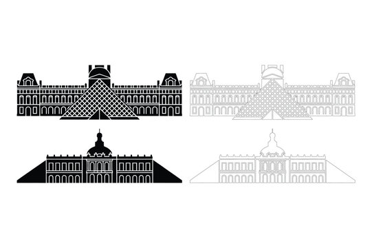 Louvre Museum and Palace Parisian Landmark Vector Icons