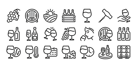 Naklejka premium Wine production and sommelier line icon set for vineyard branding and menu design