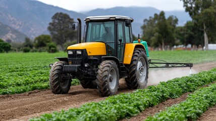 Obraz premium Modern tractor spraying crops in lush farmland with mountains