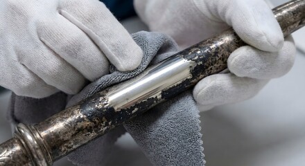 Macro shot of gloved hands polishing tarnished metal rod with microfiber cloth revealing shiny surface