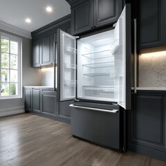 Fototapeta premium Modern stainless steel refrigerator in luxury kitchen interior