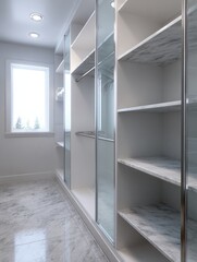 Modern walk-in closet with marble flooring and open shelving