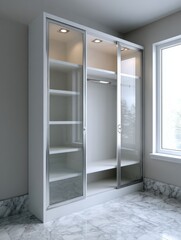 Modern glass wardrobe with sliding doors in bright bedroom interior