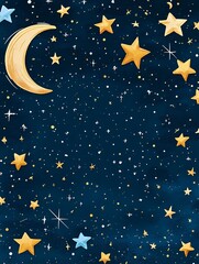 Fototapeta premium A serene night sky featuring a crescent moon and stars, perfect for a dreamy scene. The stars shine brightly against the dark blue backdrop, creating a peaceful and magical atmosphere.