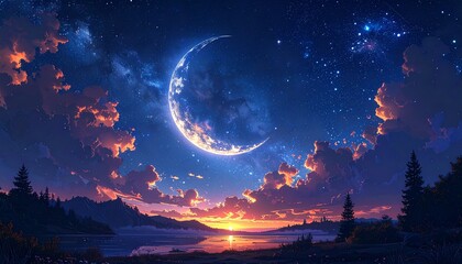 Naklejka premium Dramatic night sky with crescent moon over misty mountains and lake at sunset