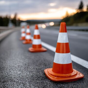 Orange traffic cones placed along empty highway at sunset