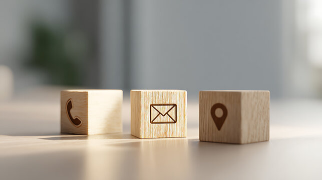 Minimalist wooden blocks display contact symbols: phone, email, and location. Essential communication icons for customer service and business connection