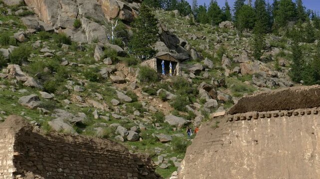 Ulaanbaatar, Mongolia-July 8, 2017: Ruins of an ancient monastery and a chapel on a mountainside.
Manjushri monastery is 40 km from Ulaanbaatar.