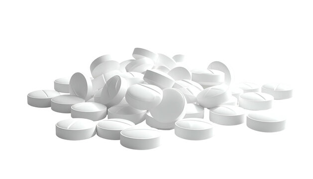 A pile of round, white medication tablets against a black background