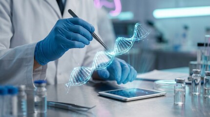 Fototapeta premium Scientist interacting with a glowing holographic DNA double helix over a digital tablet in a lab