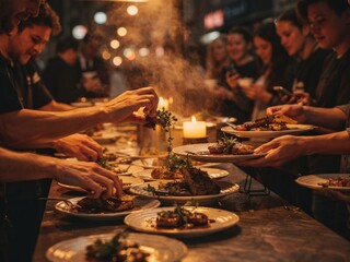 Naklejka premium Friends Sharing a Meal, Serving Food at a Table