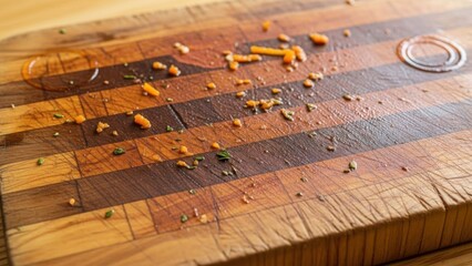 Wooden Cutting Board with Vegetable Scraps and Ring.