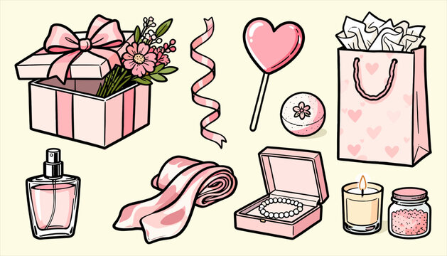 Illustration of various pink romantic gifts and decorative items on a light background