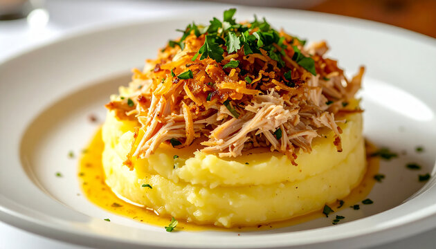 Causa Rellena, stacked golden potato layers with creamy chicken center, microgreens on top, tasty food