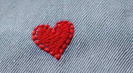 Obraz premium A red heart embroidered on a piece of denim fabric with intricate stitching
