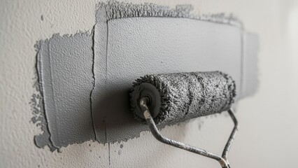 Painting a wall with a roller, applying grey paint.